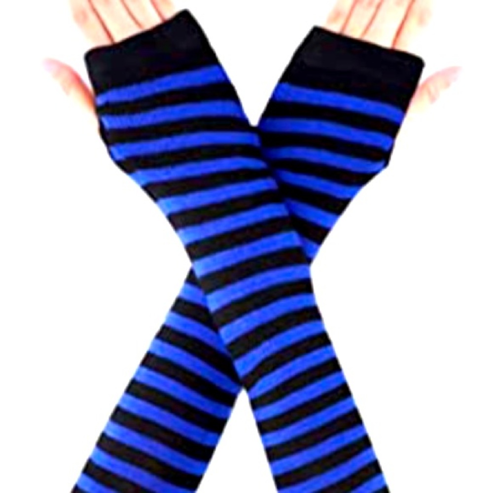 🆕NIP:Black and Blue Striped Fingerless Polyester Arm Warmers